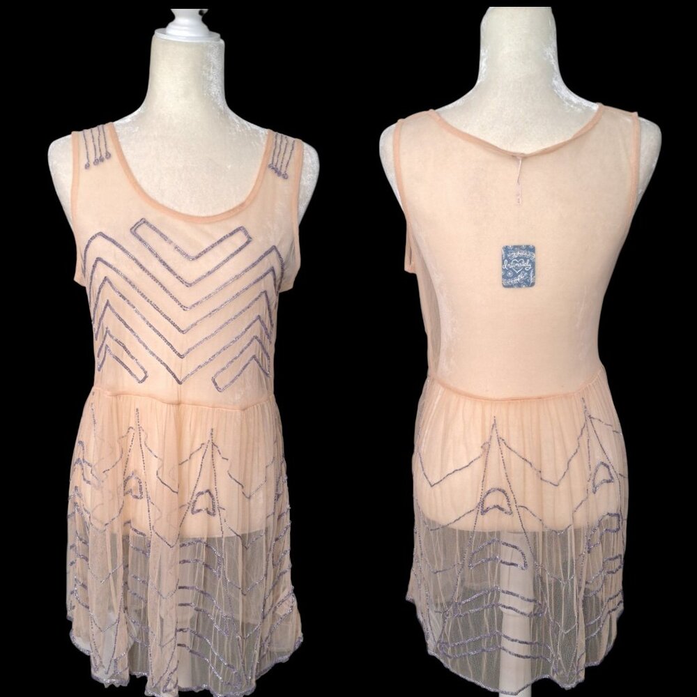 Free People Women's Peach Embellished Mesh Mini Slip Dress Sequin Party Boho M